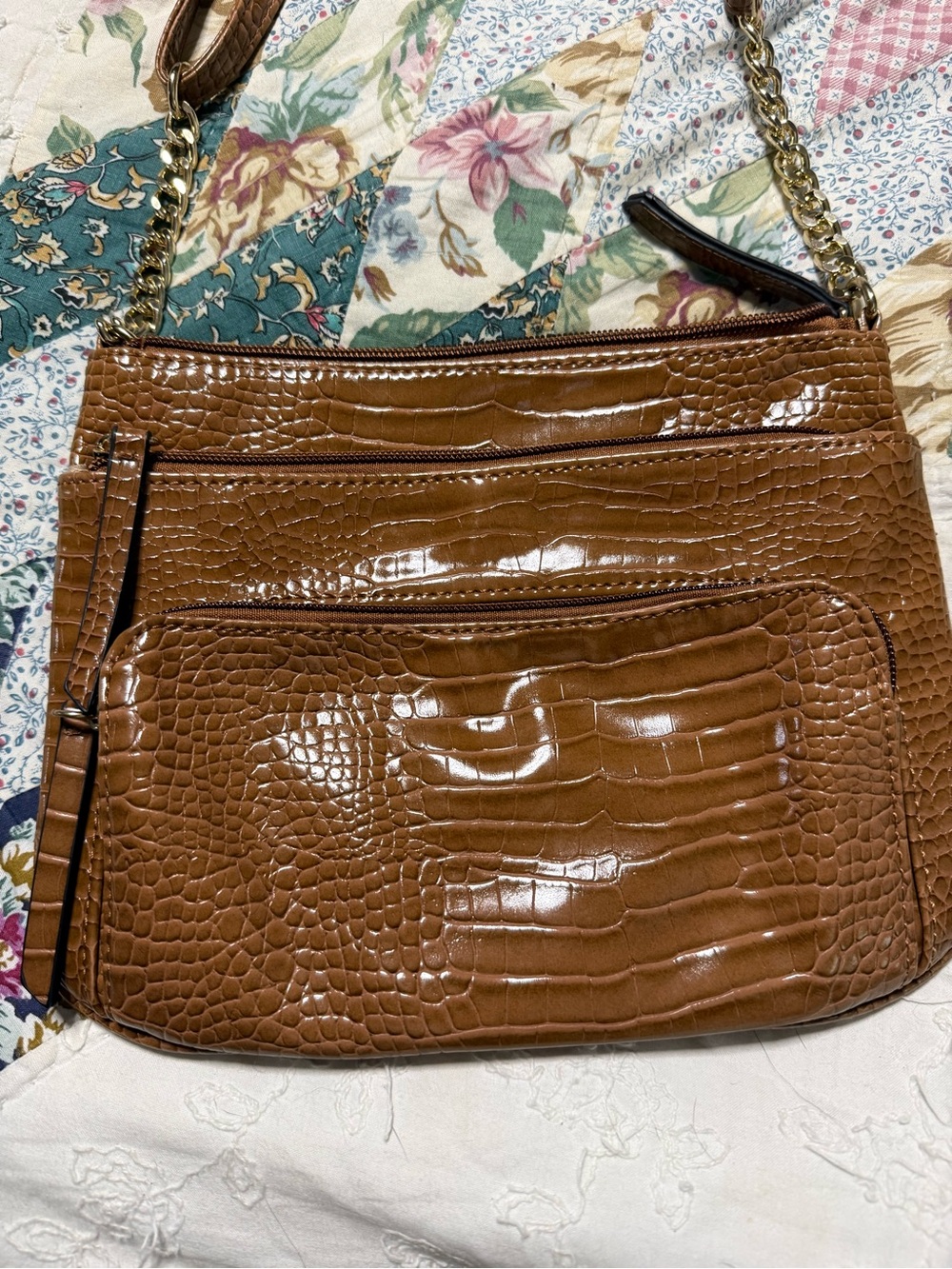 Women's Croc-Embossed Leather Shoulder Bag in Brown